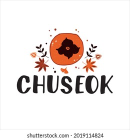 Chuseok handwritten text (Korean Harvest Festival, thanksgiving day) isolated on white background. Hand lettering. Doodle style vector illustration of maple leaf, persimmon, leaves for greeting card