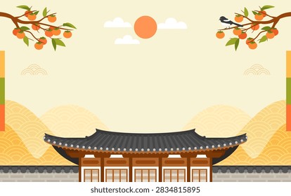 Chuseok or Hangawi background vector illustration, Persimmon tree with traditional Korean house. Korean Mid-Autumn harvest festival