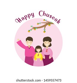 Chuseok or Hangawi - Korean Thanksgiving Day. Cute cartoon korean kids with chuseok gift with persimmon background. Mid autumn festival illustration. (caption: chuseok ; blessing)