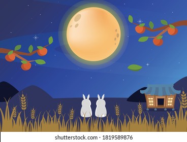 chuseok hangawi korean thanksgiving day rabbit full moon night persimmon trees autumn festival full wheat rice hanok
