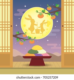 Chuseok or Hangawi - Korean Thanksgiving Day. Korean rice cake (songpyeon) with rabbits and beautiful night view. Korea vector illustration.