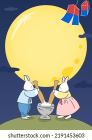 Una ilustración de Chuseok con un conejo haciendo pastel de arroz en una noche con luna llena.