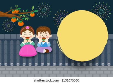 Chuseok, Korean Mid autumn festival banner, Illustration of cute boy 
and girl eating persimmons on the roof.
