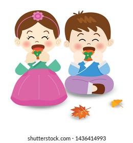 Chuseok, Korean Mid autumn festival banner, Illustration of cute boy 
and girl eating persimmons.
