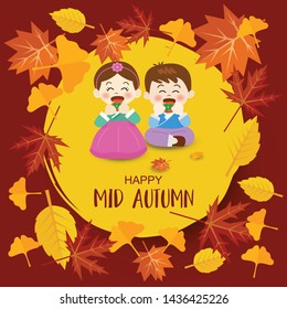 Chuseok, Korean Mid autumn festival banner, Illustration of cute boy 
and girl eating persimmons.

