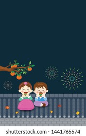 Chuseok, Korean Mid autumn festival banner, Illustration of cute boy 
and girl eating persimmons on the roof.