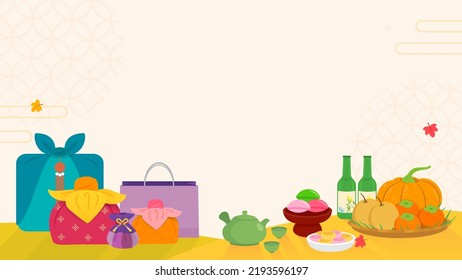 Chuseok Korean thanksgiving day gifts vector illustration. Traditional wrap presents and Chuseok food
