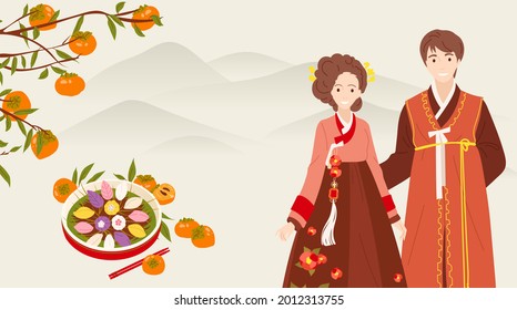 Chuseok - Korean Thanksgiving Day. Persimmon tree with fruits and leaves. Songpyeon - pine cakes shaped crescents dessert. Korean family in traditional hanbok against of mountains. Vector illustration