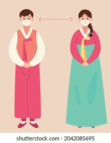 Chuseok, Korean Thanksgiving Day, Social Distance. Holiday Vector Illustration. Hanbok. Korean Traditional Dress.