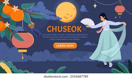 Chuseok landing page. Woman in blue dress with hand fan near red chinese lamps. Traditional korean asian holiday and festival. Poster or banner for website. Flat vector illustration