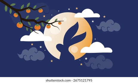 Chuseok moon with clouds persimmon tree and night sky design