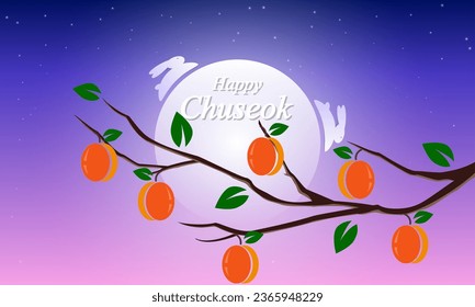 Chuseok persimmon branch moon rabbit Korean Mid Autumn Festival, vector art illustration.