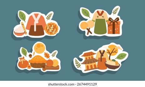 Conjunto de pegatinas Chuseok con Elementos de otoño de tradición coreana