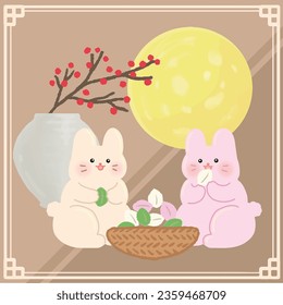 Chuseok (Thanksgiving) illustration with a rabbit eating rice cake