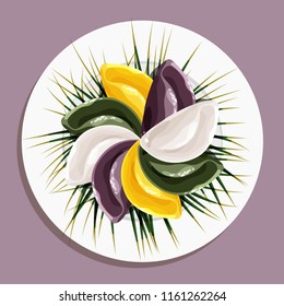 Chuseok traditional food illustration. Korean rice cake songpyeon on pine needes. Korean thanksgiving day vector poster. Traditional korean meal top view isolated illustration.