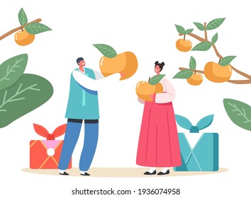 Chuseok Tteok Korean Tradition Concept. Happy Asian Kids Characters Wearing Traditional Costumes Hanbok Holding Persimmons, Thanksgiving Day Celebration, Holiday. Cartoon People Vector Illustration