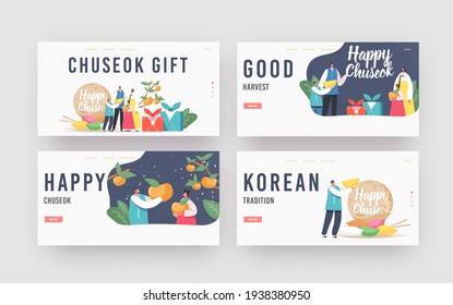 Chuseok Tteok Landing Page Template Set. Happy Asian Family with Kids Characters Wearing Traditional Costumes Hanbok Stand at Songpyeon Rice Cake and Persimmon Tree. Cartoon People Vector Illustration
