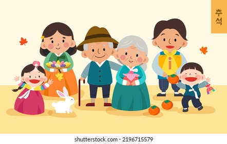 Chuseok (written in Korean character) vector illustration. Korean Family Enjoying thanksgiving day.	
