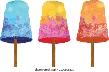 Chuski Or Baraf ka Gola also known as Ice candy, popular roadside refreshment in Indian summer. Kala khatta syrup, mixed flavors. Vector illustration.