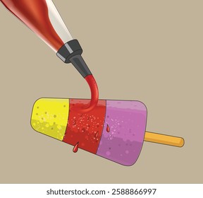 Chuski Or Baraf ka Gola also known as Ice candy, popular roadside refreshment in Indian summer. Kala khatta syrup, mixed flavors. Vector illustration. Indian Kulfi or ice gola