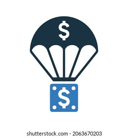 Chute, gota, aterrizaje, icono del dólar. Diseño vectorial simple editable aislado en un fondo blanco.
