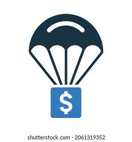 Chute, aterrizaje, icono del dólar. Ilustración vectorial simple editable.