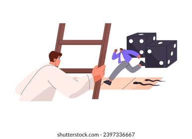 Chutes and ladders board game. Tiny people play dice, boardgame with die. Afraid person running from snakes on playing field. Home entertainment. Flat isolated vector illustration on white background