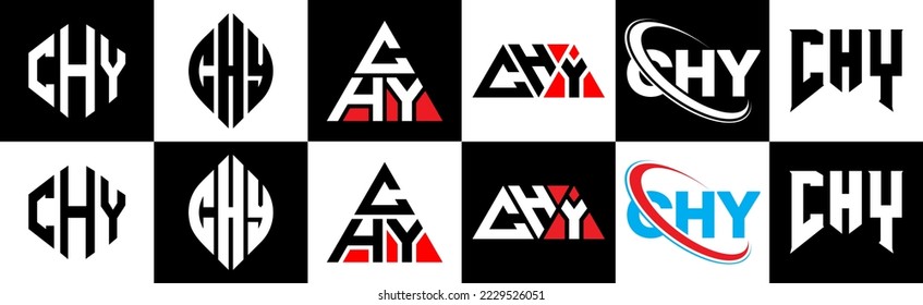 CHY letter logo design in six style. CHY polygon, circle, triangle, hexagon, flat and simple style with black and white color variation letter logo set in one artboard. CHY minimalist and classic logo