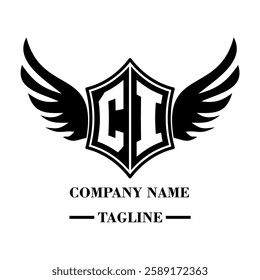 CI A bold winged shield emblem with customizable initials A-Z. Sleek black-and-white vector, perfect for branding, sports teams, motorcycle clubs, gaming,apparel and High-quality
