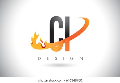 CI C I Letter Logo Design with Fire Flames and Orange Swoosh Vector Illustration.