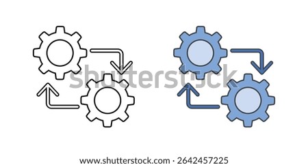 CI CD pipeline icon with connected gear icons and directional arrows, in outline and color styles, ideal for illustrating continuous integration and deployment in cloud development workflows.