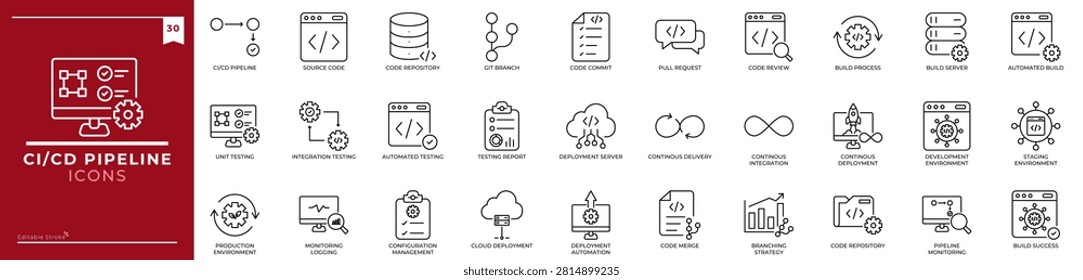 CI CD Pipeline, Outline icons collection. Simple vector illustration. pipeline, automation, forever, cloud, software, development, workflow and more