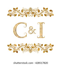 C&I vintage initials logo symbol. Letters C, I, ampersand surrounded floral ornament. Wedding or business partners initials monogram in royal style.