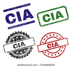CIA seal prints with distress style. Black, green,red,blue vector rubber prints of CIA text with dirty style. Rubber seals with circle, rectangle, medal shapes.