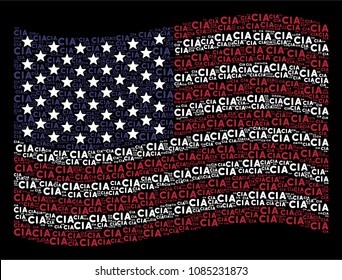 CIA text items are grouped into waving USA flag abstraction on a dark background. Vector concept of American state flag is composed of CIA text items. Designed for political and patriotic doctrines.