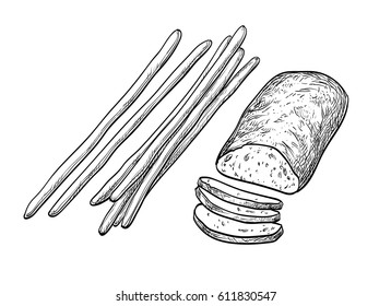 Ciabatta and bread sticks. Isolated on white background. Hand drawn vector illustration. Retro style.