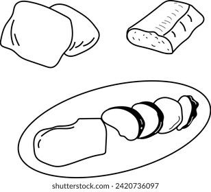 Ciabatta breads with black vector lineart. Ideal for culinary designs, this monochrome illustration captures the artisanal and rustic charm of this Italian delicacy.