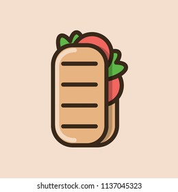 Ciabatta sandwich with bacon and salad leaves. Colorful isolated vector icon in flat style with outline for your project