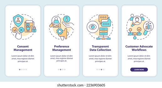 CIAM features onboarding mobile app screen. Customer data management walkthrough 4 steps editable graphic instructions with linear concepts. UI, UX, GUI template. Myriad Pro-Bold, Regular fonts used