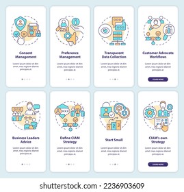 CIAM montando pantalla de aplicación móvil. Recorrido de gestión de la identidad del cliente 5 pasos instrucciones gráficas editables con conceptos lineales. UI, UX, plantilla GUI. Multitud de tipos de letra Pro-Bold, con uso regular