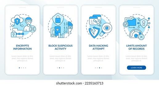 CIAM prevents hack attacks blue onboarding mobile app screen. Walkthrough 4 steps editable graphic instructions with linear concepts. UI, UX, GUI template. Myriad Pro-Bold, Regular fonts used