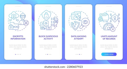 CIAM pros blue gradient onboarding mobile app screen. Avoid hackers walkthrough 4 steps graphic instructions with linear concepts. UI, UX, GUI template. Myriad Pro-Bold, Regular fonts used