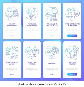 CIAM strategy blue gradient onboarding mobile app screen set. Walkthrough 5 steps graphic instructions with linear concepts. UI, UX, GUI template. Myriad Pro-Bold, Regular fonts used