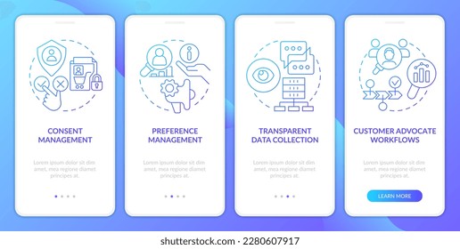 La estrategia CIAM incluye pantalla de aplicación móvil con degradado azul. Recorrido 4 pasos instrucciones gráficas con conceptos lineales. UI, UX, plantilla GUI. Multitud de tipos de letra Pro-Bold, con uso regular
