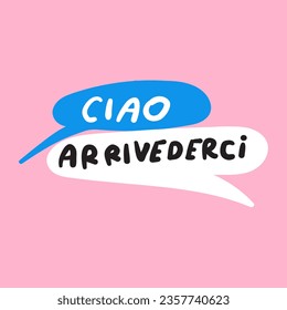 Ciao, Arrivederci. It's mean hello and goodbye in English. Speech bubbles. Italian language. Vector graphic design on pink background.