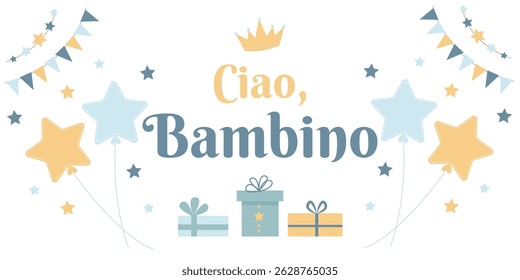 Ciao Bambino Baby Shower Banner with Stars and Gift in Pastel Blue and Yellow