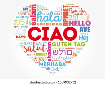 Ciao (Hello Greeting in Italian) heart word cloud in different languages of the world