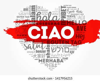Ciao (Hello Greeting in Italian) heart word cloud in different languages of the world