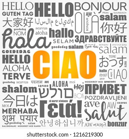 Ciao (Hello Greeting in Italian) word cloud in different languages of the world, background concept