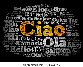 Ciao (Hello Greeting in Italian) word cloud in different languages of the world
